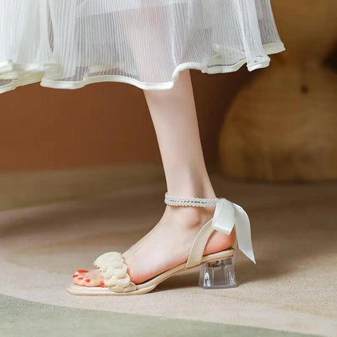 Ladies Aesthetic Slid On Pearl And Ribbons Straps Heels